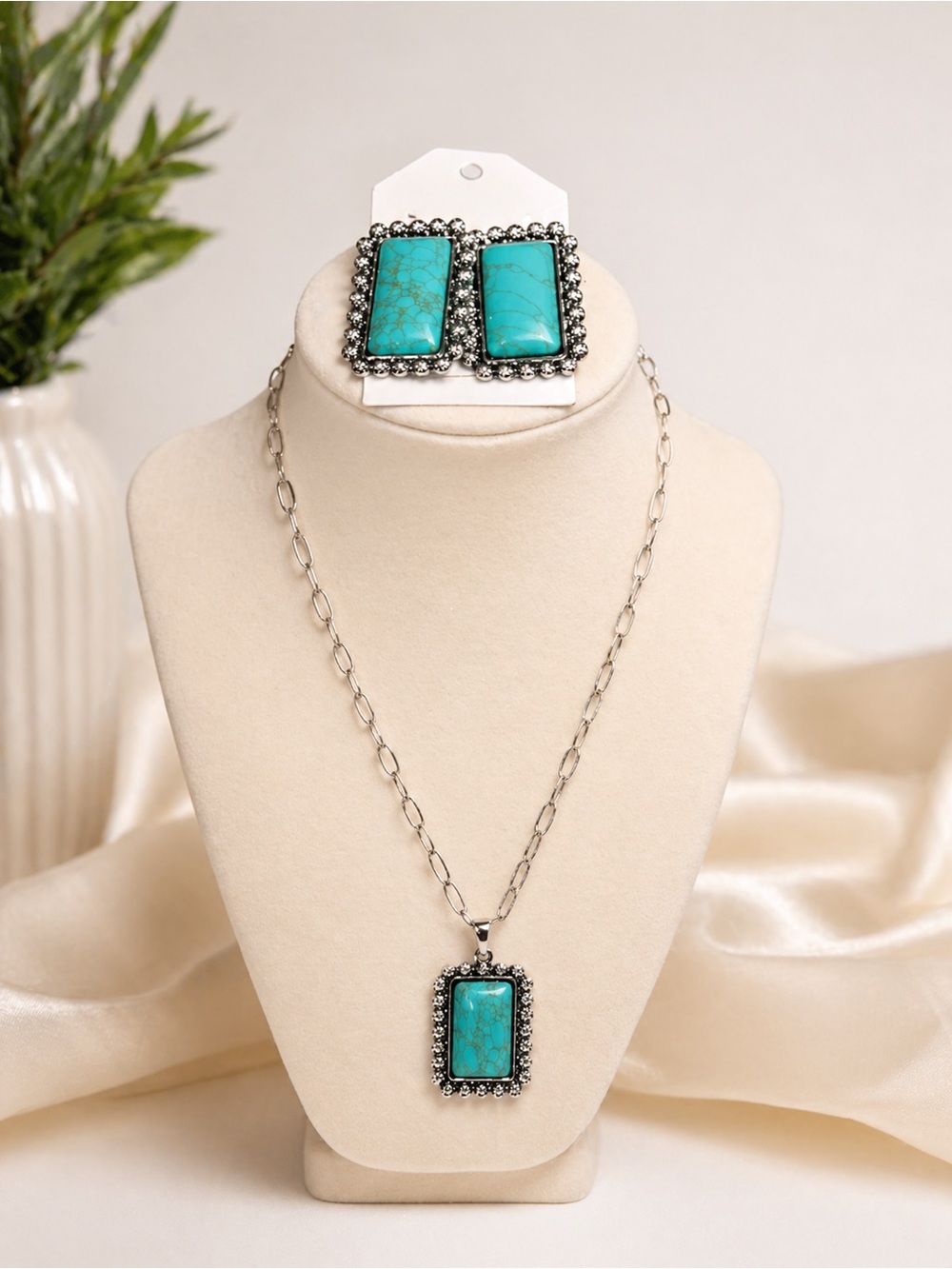 Turquoise Statement Necklace Matching Earrings Set Silver Boho Western Boutique